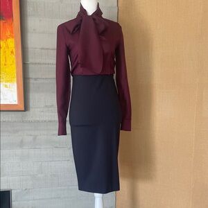 Women's High-Waist Black Pencil Skirt - Dress with Satin top and big bow at neck